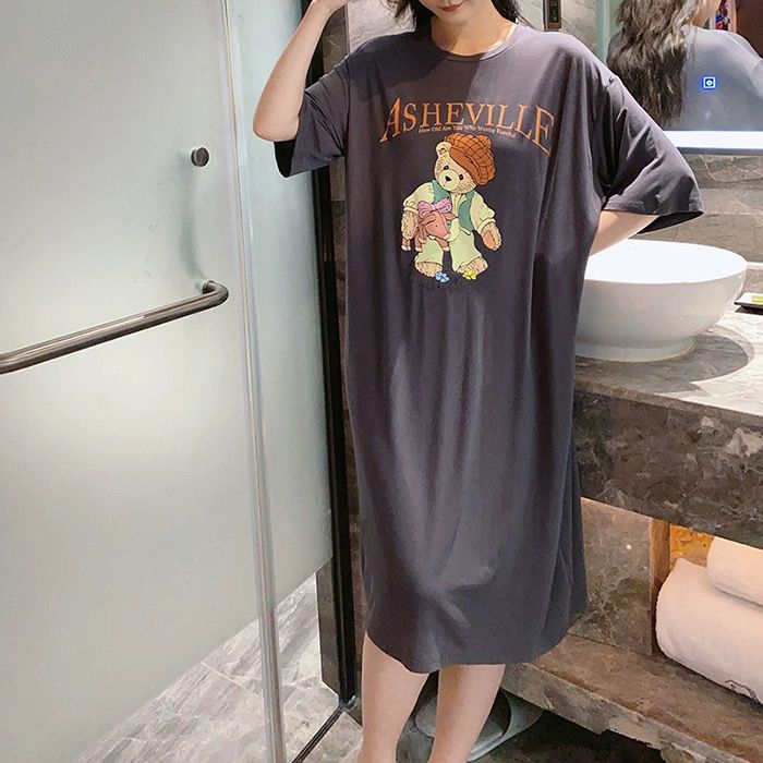 仿棉牛奶絲# 新款夏季卡通印花開叉T恤連衣裙女寬鬆大碼短袖裙子