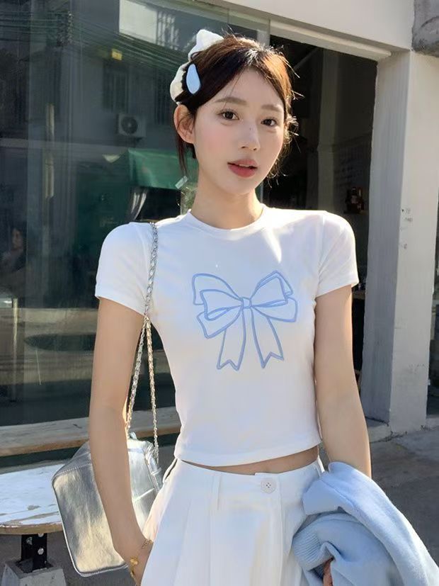 純欲風蝴蝶結刺繡短袖T恤女夏季設計感小眾修身顯瘦短款辣妹上衣