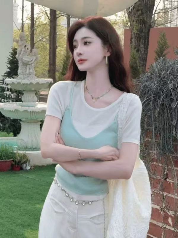 圓領寬鬆假兩件撞色韓系時尚高級感T恤襯衫女短袖吊帶短袖上衣