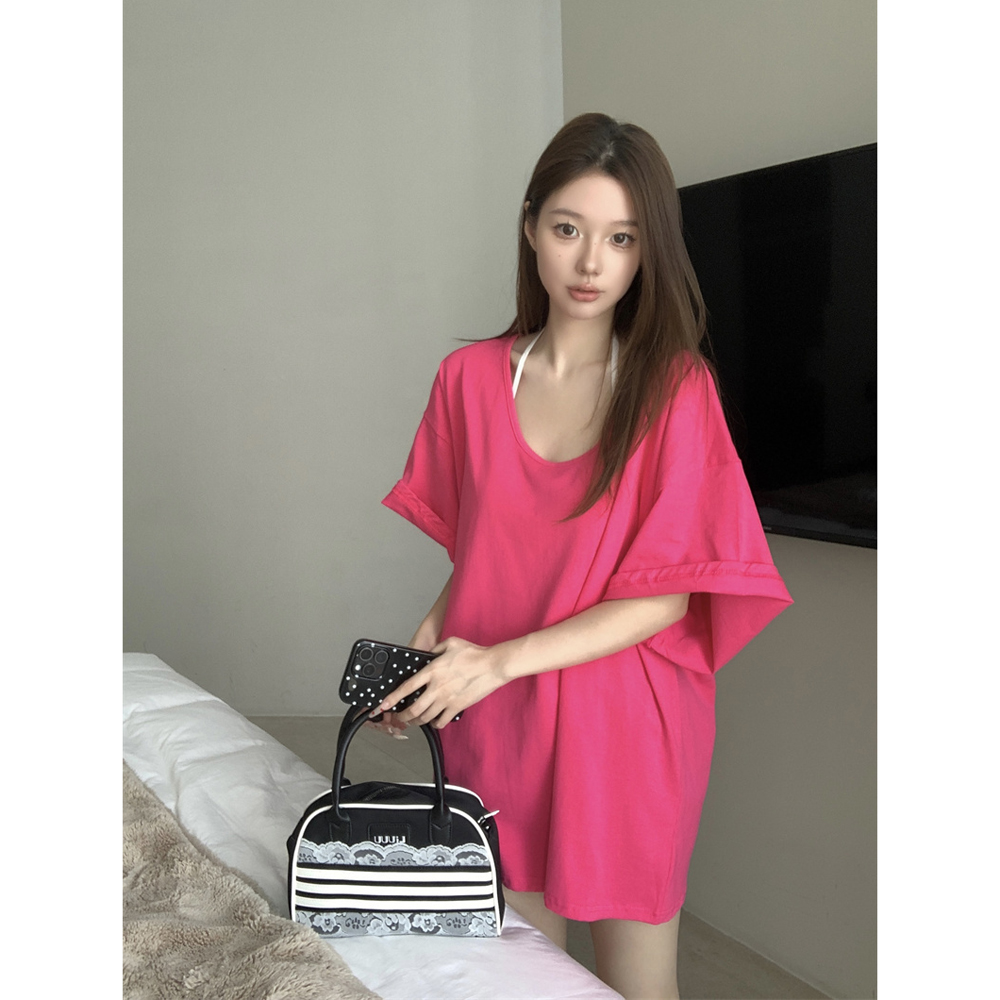 Ladder missing T-shirt for women in spring and summer new holiday style loose U-neck short sleeve mid-length rose red lazy top