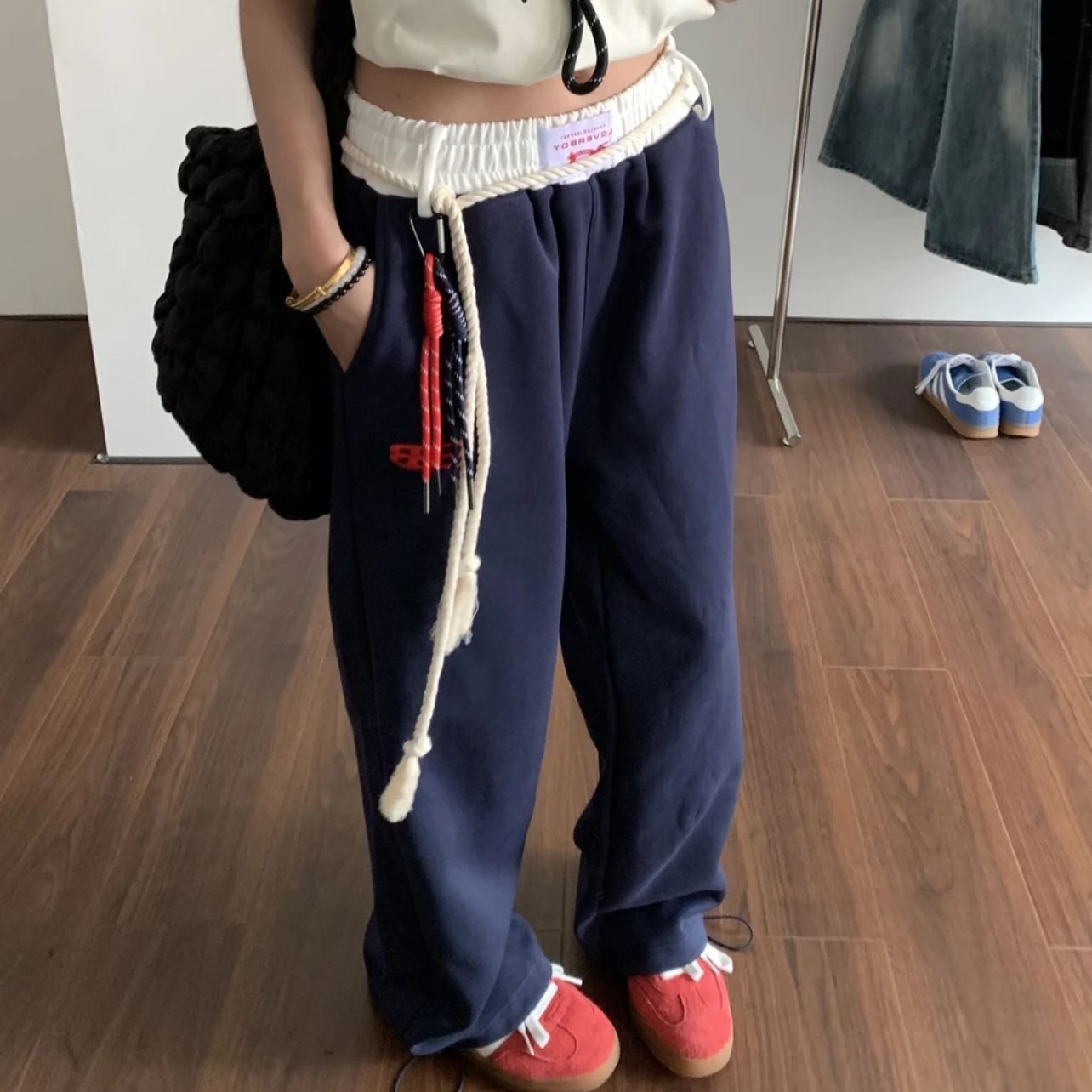 春夏休閒褲女美式高街直筒闊腿褲寬鬆百搭刺繡束腳運動衛褲潮