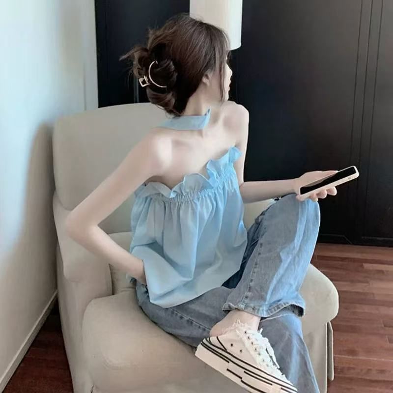 一字肩上衣高級感女夏季新款設計感小眾木耳邊吊帶背心女外穿