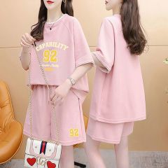 Sweet and Unique Printed Casual Summer New Loose and Versatile Splicing Short-Sleeve Shorts Two-Piece Set