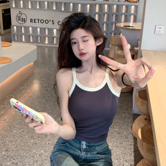 Real shot of 2*2-person cotton sleeveless vest 2025 summer short trendy slim round neck edging Korean women's top