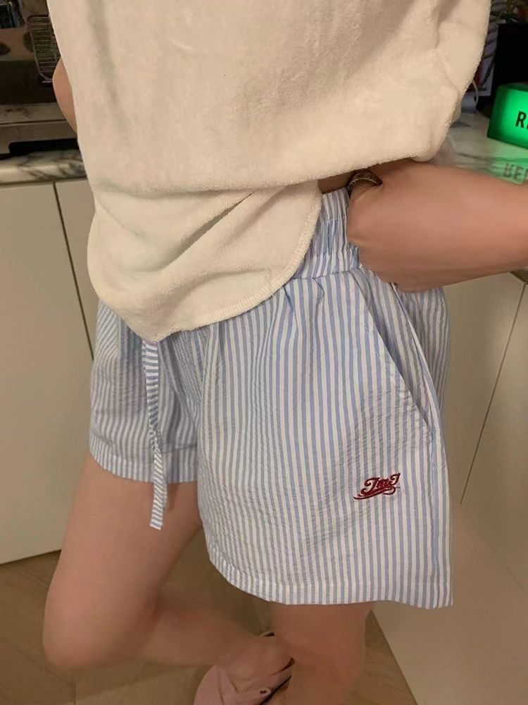 新款***豎條紋抽繩字母刺繡闊腿短褲男女寬鬆夏季小眾基礎休閒褲