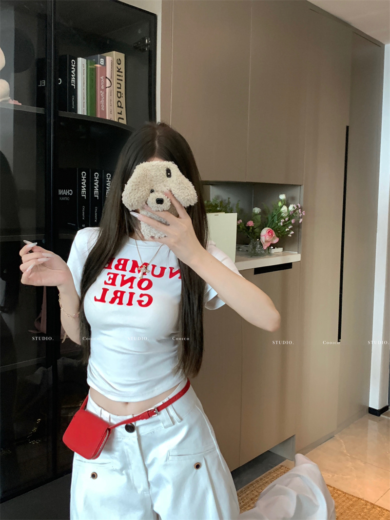 Real shot of summer letter printed short-sleeved T-shirt for women