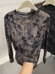 ~ 原版面料 設計感輕薄款植絨印花網紗長袖T恤女春夏防曬衫