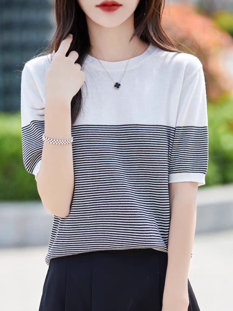 Crew neck fine stripe knit women's new age reducing t-shirt summer thin loose top base layer