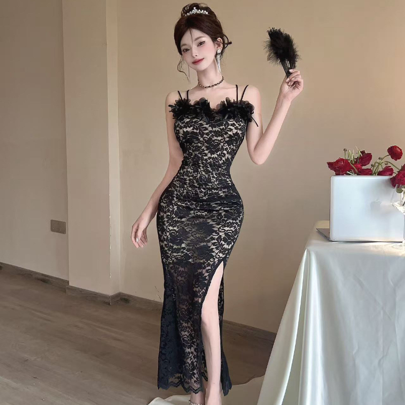 蕾絲鈎花性感開叉花朵吊帶連衣裙氣質修身顯瘦包臀禮服長裙