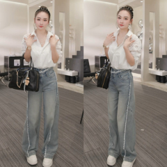 輕奢洋氣蕾絲拼接牛仔褲女洋氣大碼胖mm梨形身材寬鬆顯瘦闊腿拖地