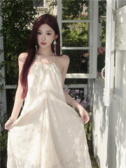 實拍~掛脖吊帶連衣裙女夏季海邊度假長裙大露背氣質性感純欲裙子