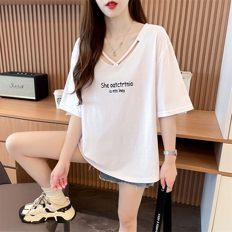 實拍質量/純棉/後包領/寬鬆短款小個子設計感T恤女夏裝