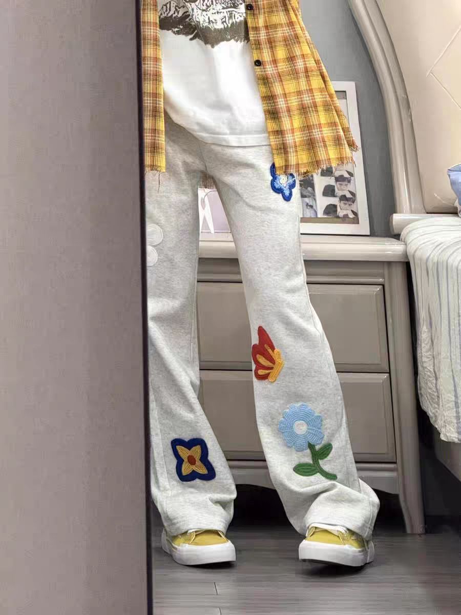 美式重磅花卉刺繡彎刀褲男女春夏新款休閒運動長褲