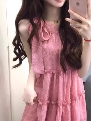 French temperament small person high-end exquisite A-line pink halter neck suspender dress for women in summer 2025 new style