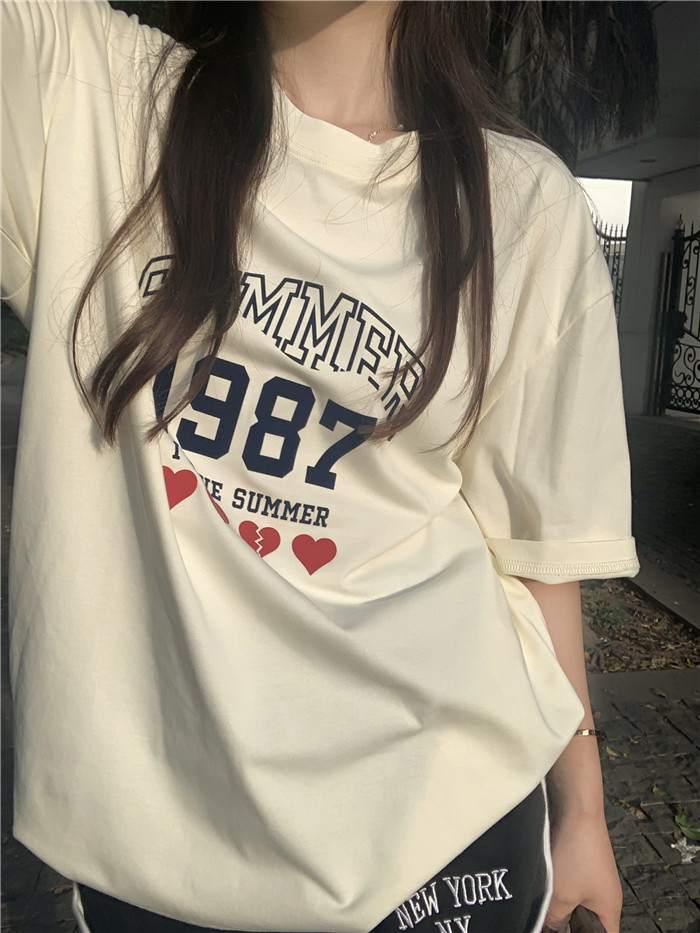 Korean foreign trade Korean new casual printed T-shirt for women in summer round neck loose fashionable versatile short-sleeved top