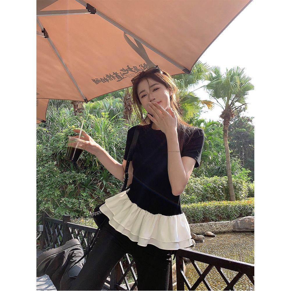 Two-piece short-sleeved women's summer ruffle design round neck top
