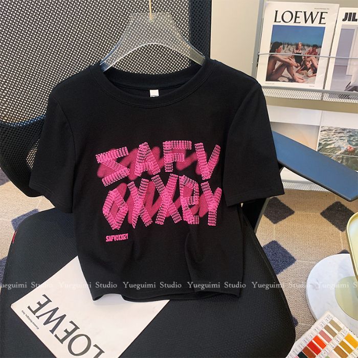 Pure cotton original foreign trade Korean version rear bag collar summer new women's round neck printed slim short T-shirt for women short sleeves