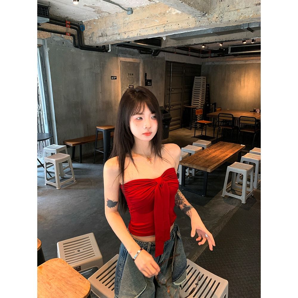 Cotton bow tied strapless vest for women in summer pure desire wrapping breasts with red sweet hot girl top