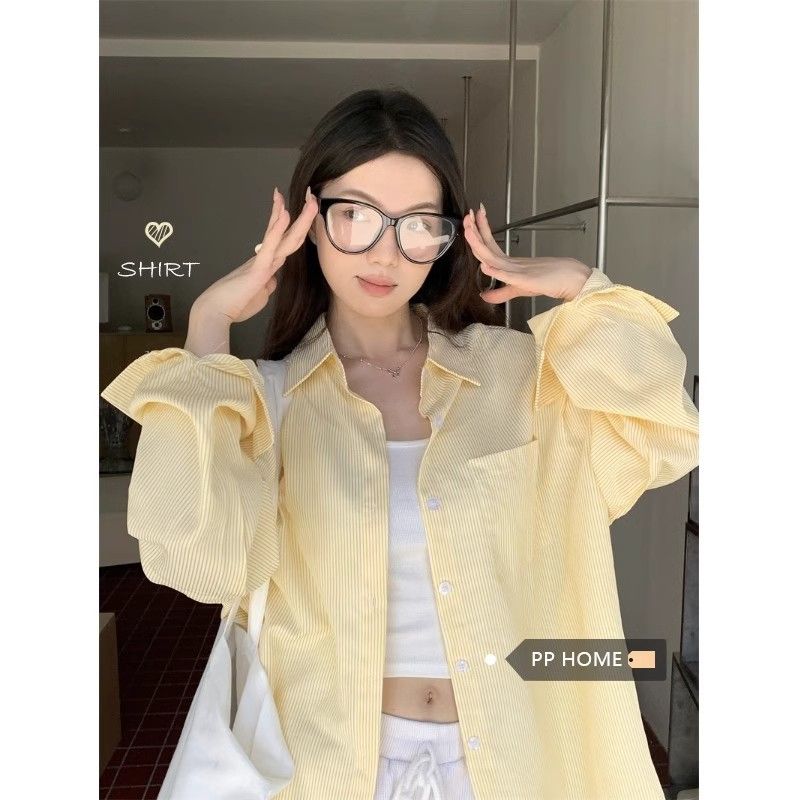 含棉梭織 黃色ins韓系條紋襯衫女設計感休閒寬鬆襯衣防曬外套