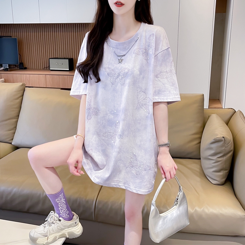 | Real photos | Pure cotton + necklace | Back bag collar | Mid-length heavy industry ironing butterfly short-sleeved T-shirt
