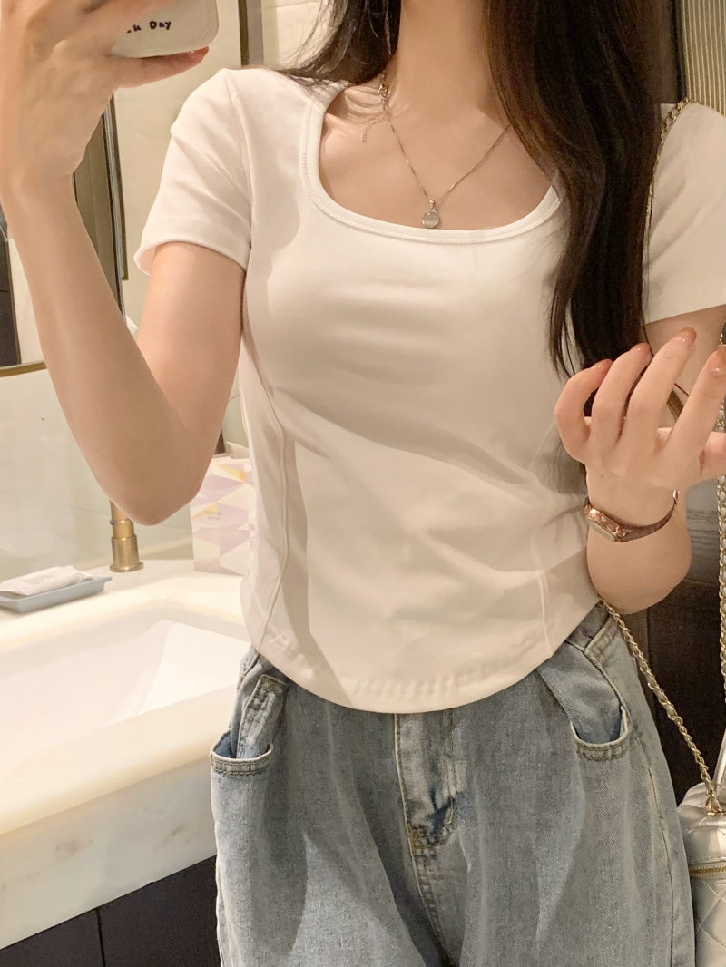 Real shot of 2025 solid color 40 pure cotton Korean new style ins loose versatile top square collar summer short sleeves