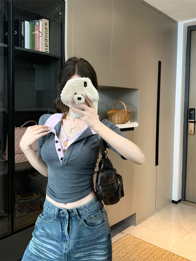 Real shot of fake two-piece lace color-blocking slim polo neck five-point short-sleeved summer office squid style women