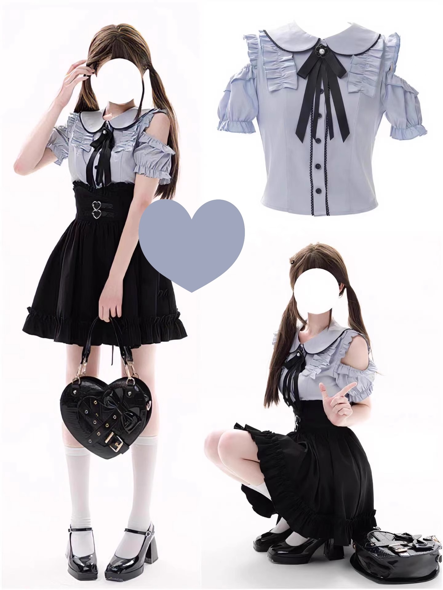 Small sweet cute doll collar off-shoulder short-sleeved shirt top waisted skirt women two-piece set summer
