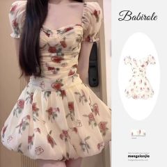 Floral suspender dress for women in summer dopamine oil painting French puff sleeve princess short skirt flower bud skirt aunty