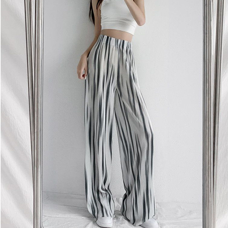 Korean foreign trade large-size women's striped wide-leg pants pleated style casual pants for women loose and slim high waist droop