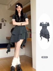 Coffee break French irregular plaid dress for women in summer 2025 new sweet and spicy waist-hugging princess cake short skirt