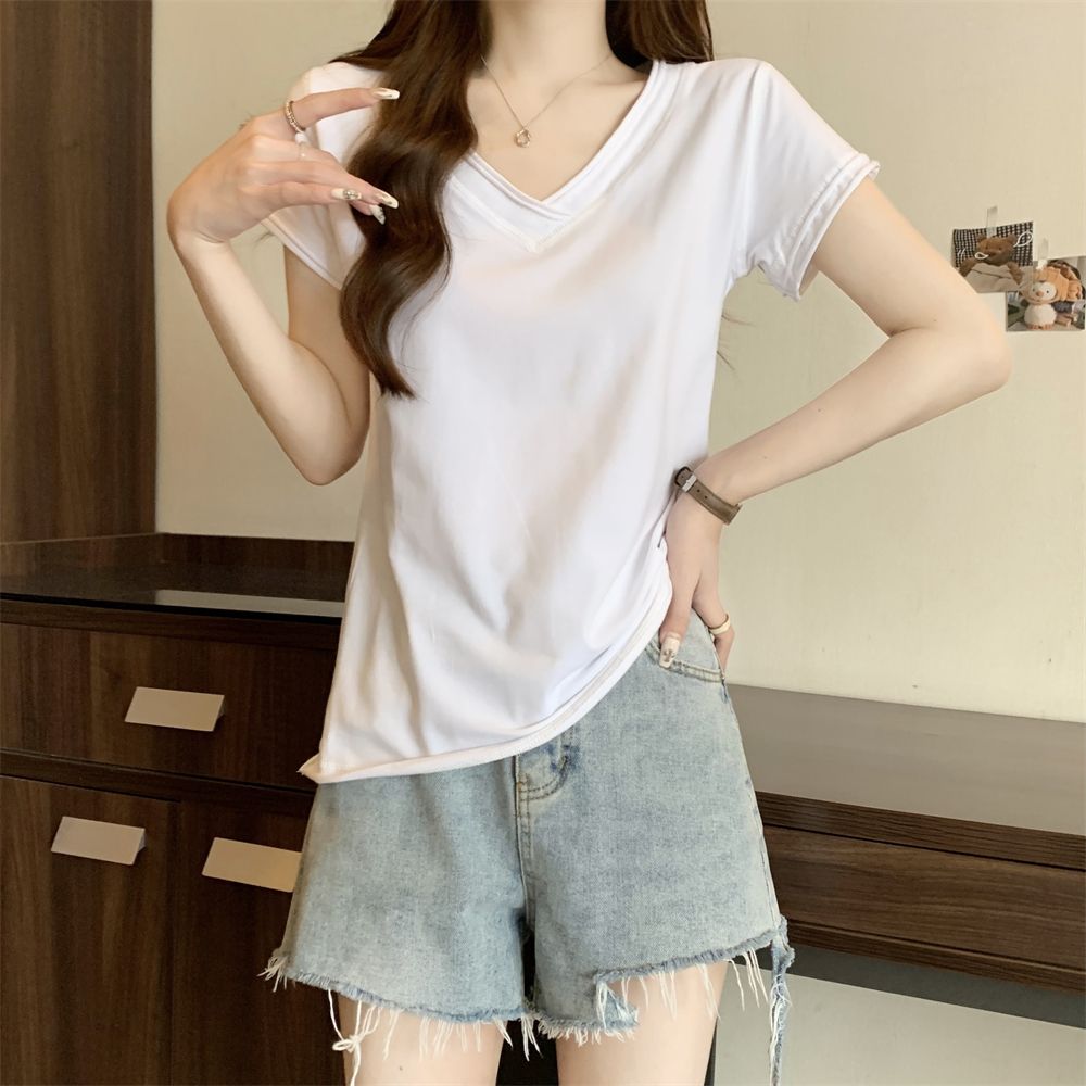 Real shot # 220g pure cotton 100% cotton solid color short-sleeved T-shirt for women V-neck