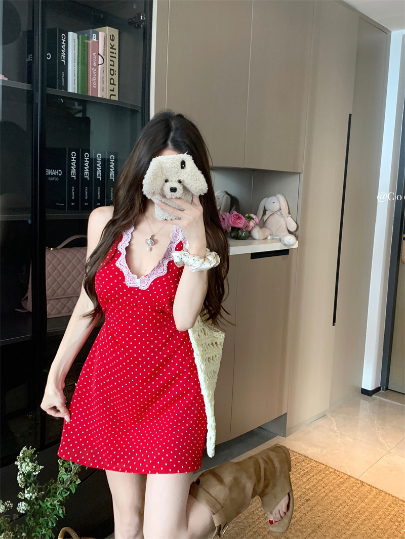 Real photo of red polka dot French dress for women's spring new lace halter skirt