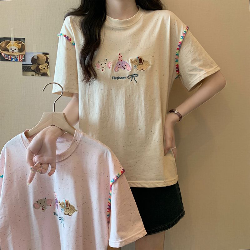 實拍彩點小象刺繡圖案短袖t恤女夏新款百搭減齡寬鬆半袖上衣