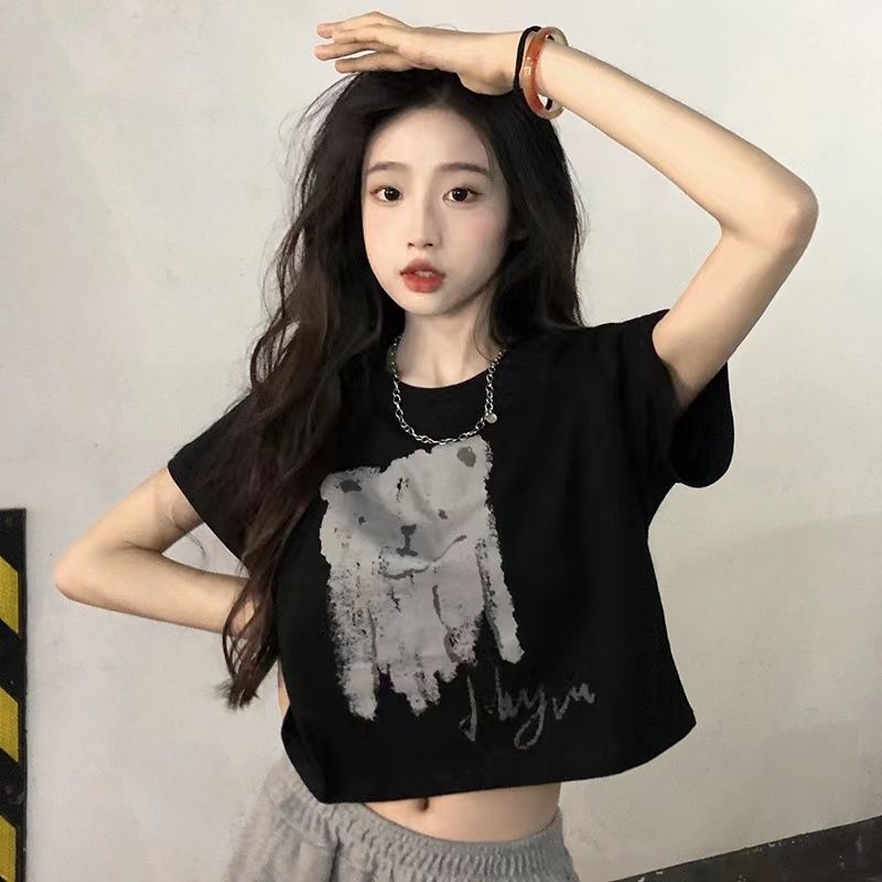 純棉原版外貿韓版後包領夏季新款女裝圓領印花修身短款T恤女短袖