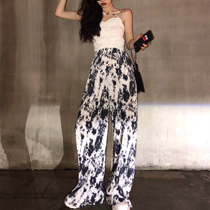 Korean foreign trade Korean new large-size women's ink-dyeed press-pleated style wide-leg pants for women loose slim casual pants
