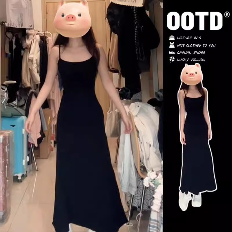 新款赫本風黑色吊帶連衣裙子夏季女裝辣妹性感修身包臀裙長裙