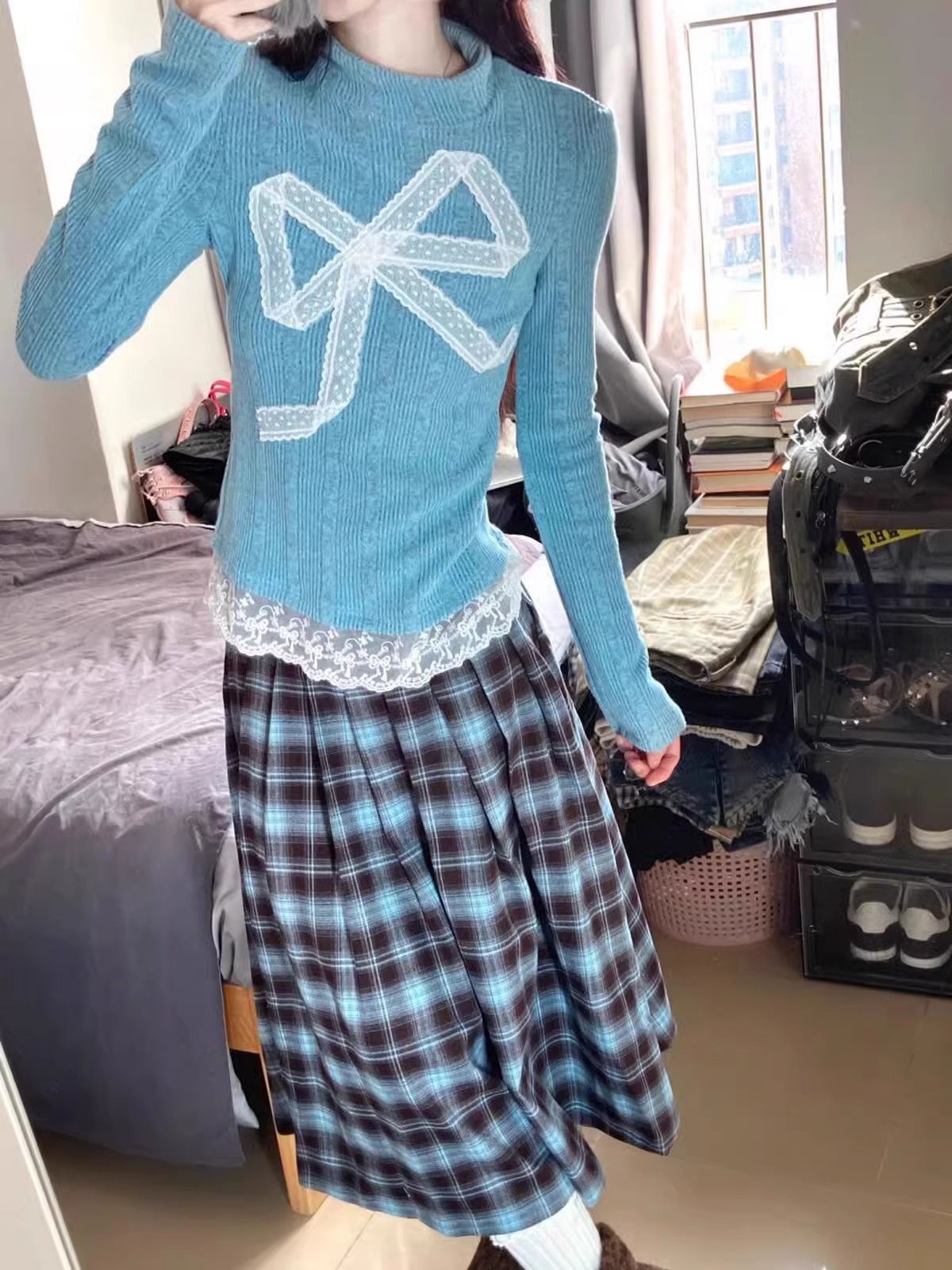 Sweet style suit for women blue age-reducing lace bow knit top spring and autumn plaid skirt two-piece set