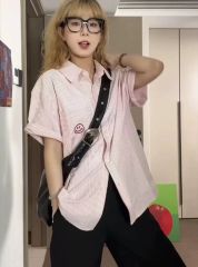 Pink College Striped Smiling Short Sleeve Shirt Summer Fat Hiding Loose New Casual Collar Shirt Outerwear Korean Version Top