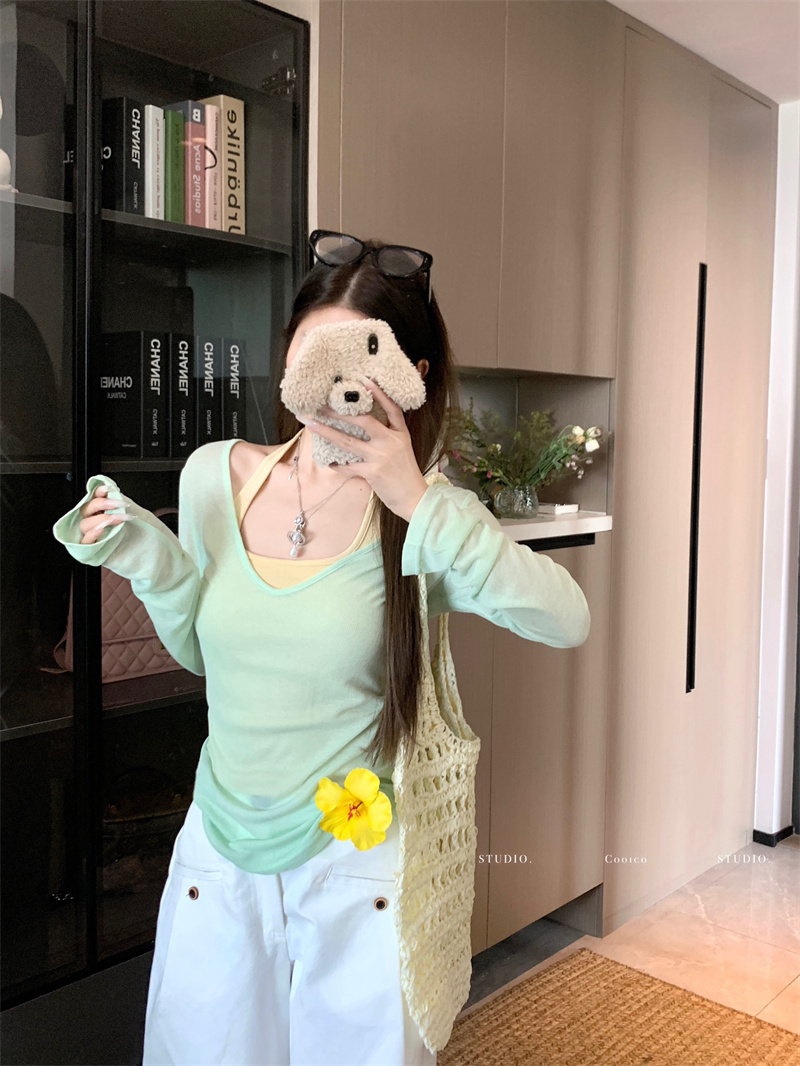 Real photo of sunscreen blouse for women 2025 new summer vest long-sleeved T-shirt two-piece loose slim top