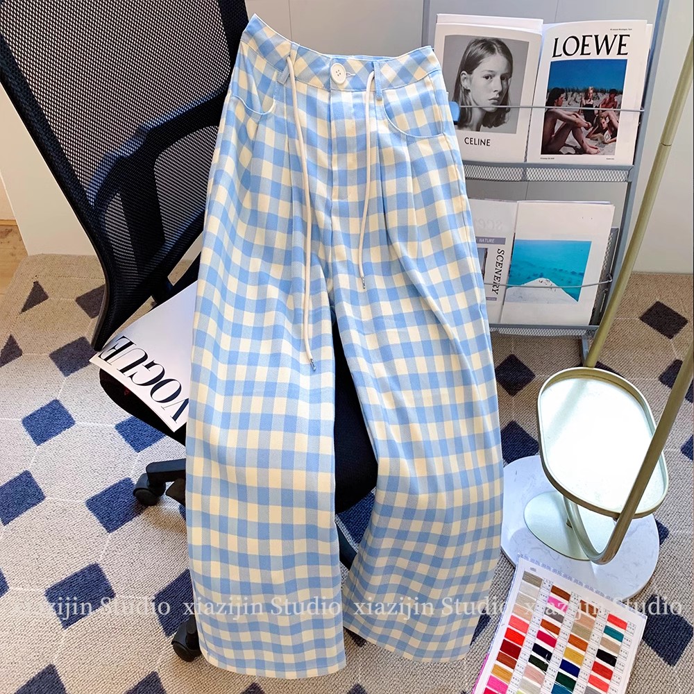 Insole blue plaid wide-leg pants for women 2025 new summer loose slim casual pants