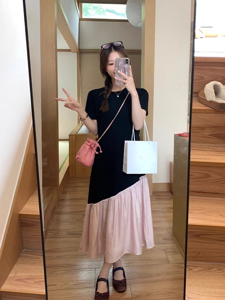 不規則撞色拼接短袖連衣裙女設計感寬鬆顯瘦圓領T恤長裙新款