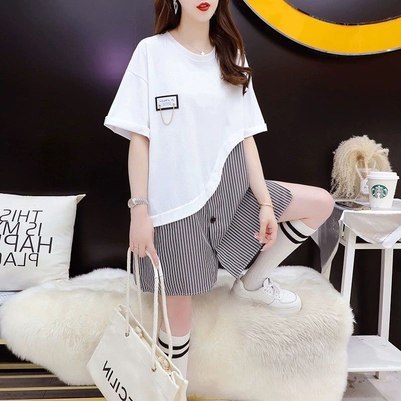 ~質量/後包領/純棉/中長款寬鬆拼色紐扣T恤連衣裙女夏