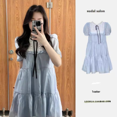French summer new blue small puff sleeve dress with bow doll puffy loose fairy skirt