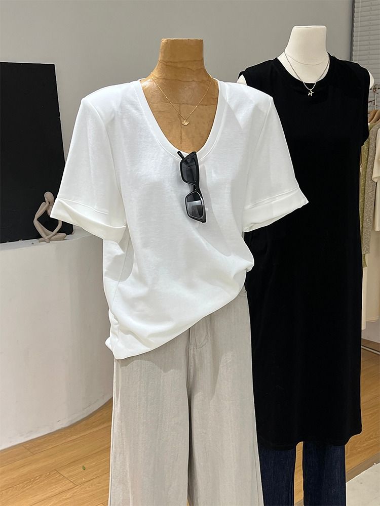 ~原版100%棉 韓系白色純棉u領t恤女短袖墊肩卷邊寬鬆