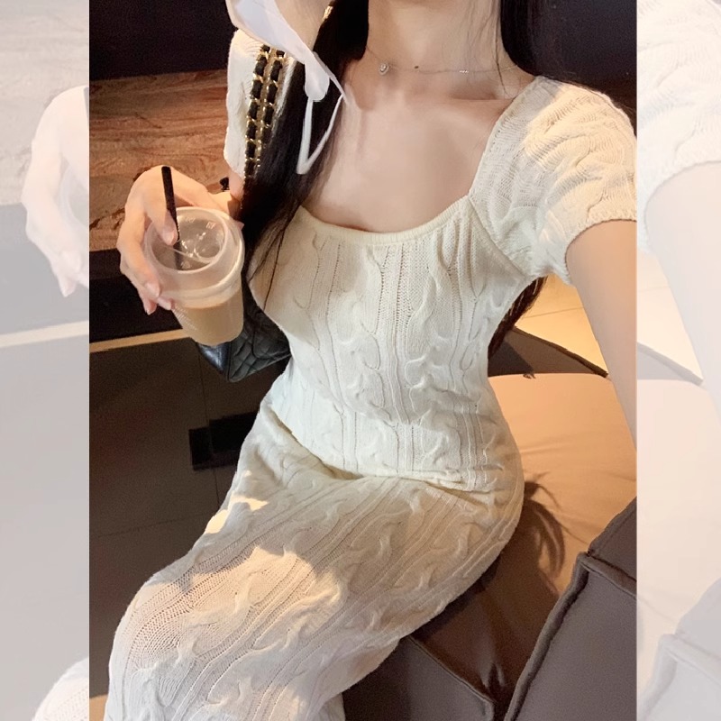 法式溫柔氣質方領麻花針織連衣裙女夏2025新款高級感包臀魚尾長裙