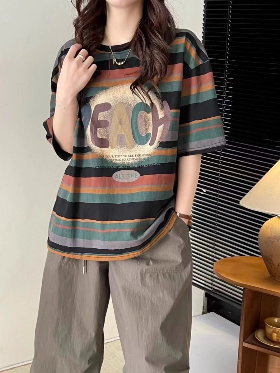 大碼女裝韓系簡約條紋休閒簡約夏季圓領短袖百搭寬鬆上衣300斤
