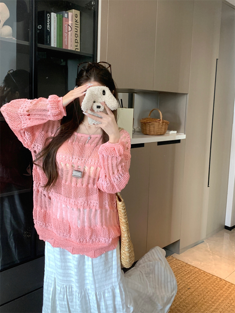 Real shot of hook flower gradient hollow blouse top for women 2025 new loose hot girl outer knitted sweater