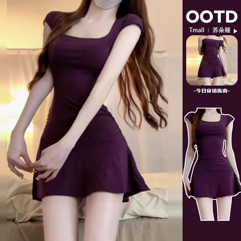 Foreign trade original temperament slim square collar dress for women in summer new style small waist-hugging short skirt