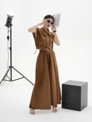 美式氣質設計感時尚兩件套無袖襯衫＋長裙子套裝連衣裙夏季女