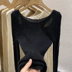 韓版精緻絕美鏤空破洞針織衫女喇叭袖不規則修身顯瘦上衣罩衫女裝